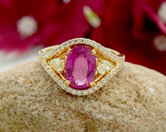 Oval Rubellite Tourmaline Ring, Real Diamond Accent, 14K Yellow Gold