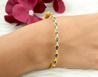Blue Sapphire & Diamond 14K Gold Bangle Bracelet, Openable Design