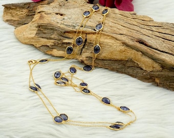 Natürliche Iolith 14K Gold Halskette, Oval Edelstein