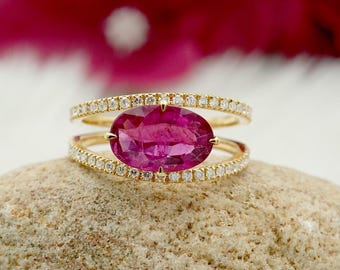 Oval Rubellite Tourmaline & Diamond 14K Gold Ring
