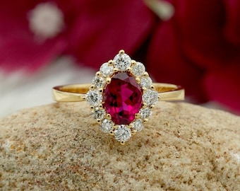 Oval Rubellite Tourmaline & Diamond 14K Yellow Gold Ring