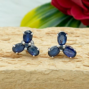 Natural Genuine Blue Sapphire 14k Solid White Gold Stud Earrings, Oval & Round Cut Blue Sapphire Push back Gold Stud Earrings, Gift for her