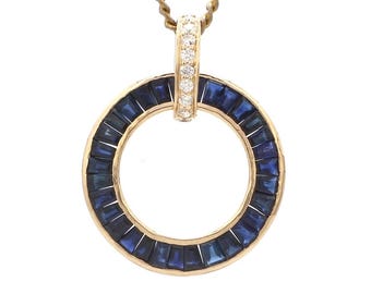 Natural Blue Sapphire & Diamond Solid Gold Pendant, Baguette Sapphire Fine Jewelry