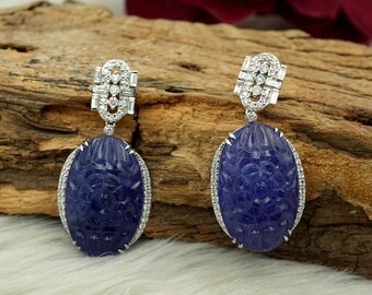 Carved Tanzanite Diamond Earrings, 14k Solid White Gold