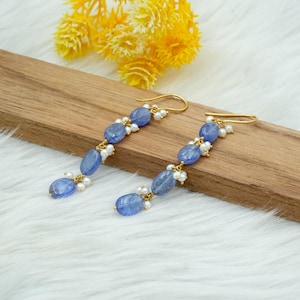 Pearl & Blue Sapphire Ear wire Earrings, 14k/18K Solid Yellow Gold