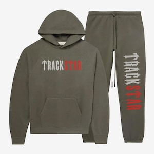 Trackstar ™ Split Gothic Trainingsanzug - Anthrazitfarbener Hoodie mit rot-grauer Klingenschrift | Edgy Streetwear Set