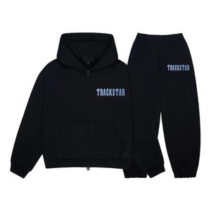 TRACKSTAR Zip Hoodie & Jogger Set - Schwarzer Streetwear-Sportanzug mit Eisblauer Gothic-Schrift | Urban Übergroße Passform | Unisex-Design