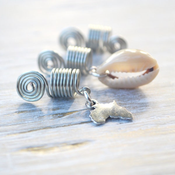 Africa Loc Jewelry, Silver Dreadlock Bead, Hair Coils, Cowrie Shell, Spiral Hair Cuff, Jewelry for Dreads