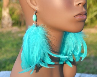 Aqua Feather Earrings, Real Feather Earrings, Spring Jewelry, Turquoise Stone Bead