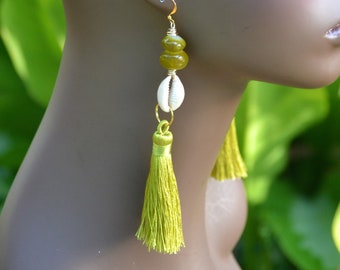 Green Tassel Earrings Jade Stone Cowrie Shell Jewelry