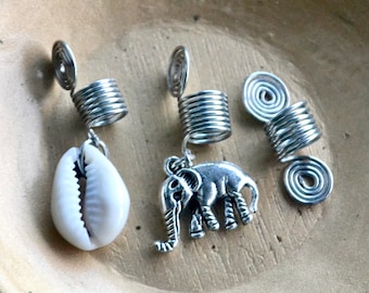 Elephant Loc Jewelry, Silver Dreadlock Bead, Hair Coils, Cowrie Shell, Spiral Hair Cuff, Jewelry for Dreads, Lucky Elephant