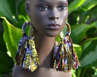 Boho Ankara Shredded Yellow Fabric Hoop Earrings African Cloth Tassel Jewelry