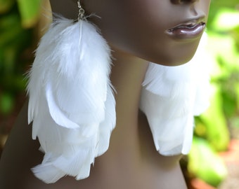 White Feather Earrings, Wedding Jewelry
