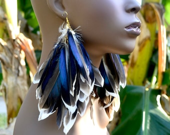 Blue Black Mallard Duck Feather Earrings Iridescent Natural Real Nature Jewelry White tips Big Full Bohemian Boho