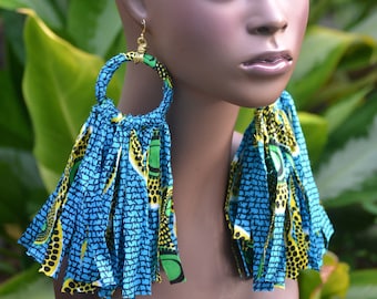 Long Turquoise and Yellow Hoop Ankara Fabric Tassel Afrocentric Boho Earrings