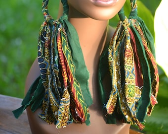 Long Green Hoop  Earthy Earrings Shredded Dashiki Fabric Tassels