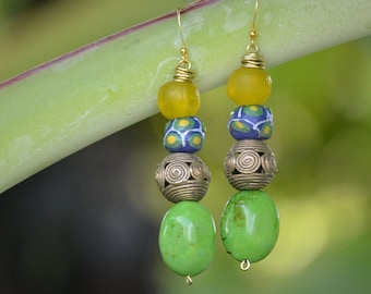 Yellow Ethnic Earrings African Brass Green Stone Jewelry  Blue Bohemian Earthy Afrocentric