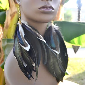 Mallard Duck Feather Earrings, Real Feather Earrings, Long Black Feather Earrings, Iridescent Feather Earrings, Blue and Black Feathers image 4