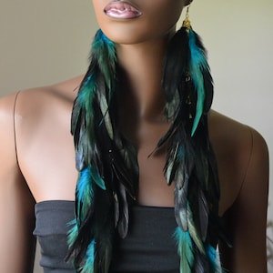 Extra Long Turquoise and Black Feather Earrings image 2