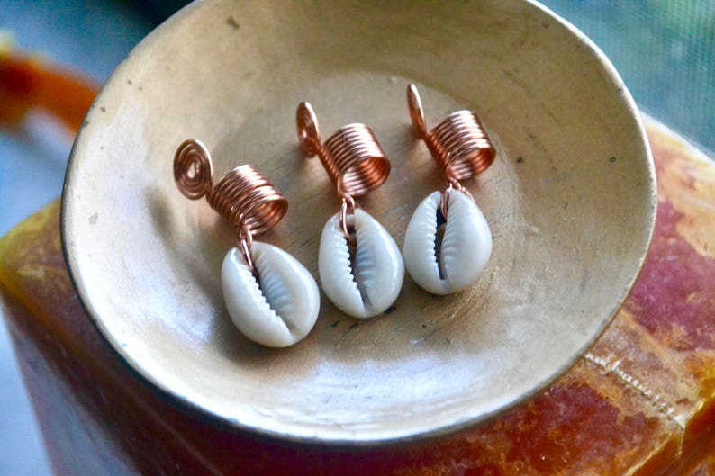 Copper Loc Jewelry Set, Copper Dreadlock Jewelry, Cowrie Shell Hair Jewelry, Dreadlocks Accessories, Braid Coils, Rings for Braids image 4