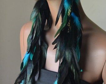 Extra Long Turquoise and Black Feather Earrings