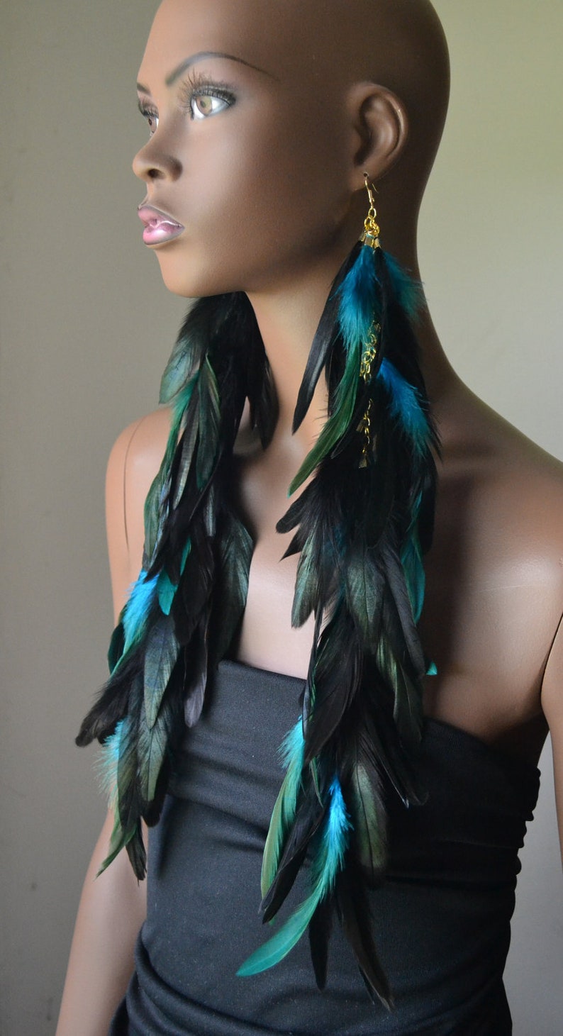 Extra Long Turquoise and Black Feather Earrings image 1