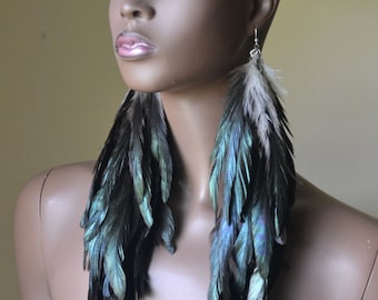 Iridescent Feather Earrings, Extra Long Feather Earrings, Bohemian Jewelry, Feather Jewelry