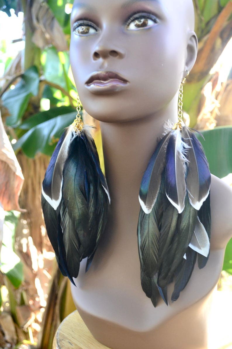 Mallard Duck Feather Earrings, Real Feather Earrings, Long Black Feather Earrings, Iridescent Feather Earrings, Blue and Black Feathers image 8