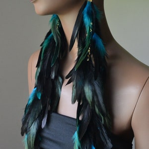 Extra Long Turquoise and Black Feather Earrings image 3