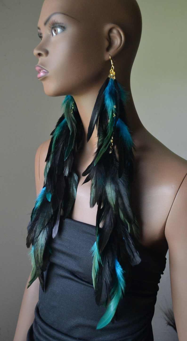 Extra Long Turquoise and Black Feather Earrings image 3