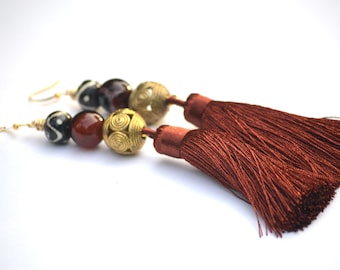 Long Brown Agate and BoneTassel African Brass Earrings