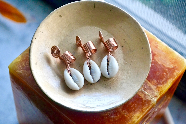 Copper Loc Jewelry Set, Copper Dreadlock Jewelry, Cowrie Shell Hair Jewelry, Dreadlocks Accessories, Braid Coils, Rings for Braids image 1