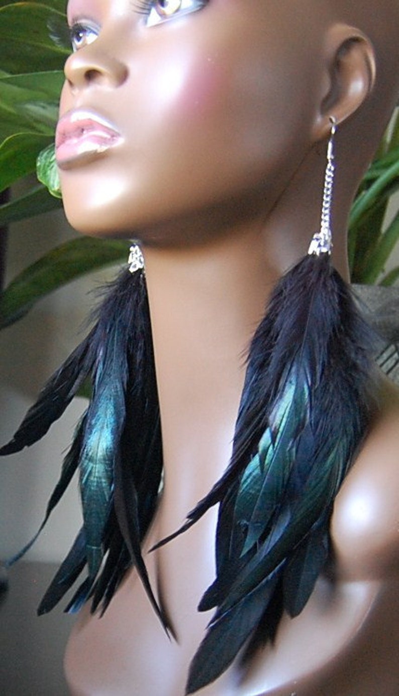 Long Black Feather Earrings Iridescent Etsy