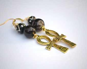 Brown Agate Stone Afrocentric Ankh Earrings