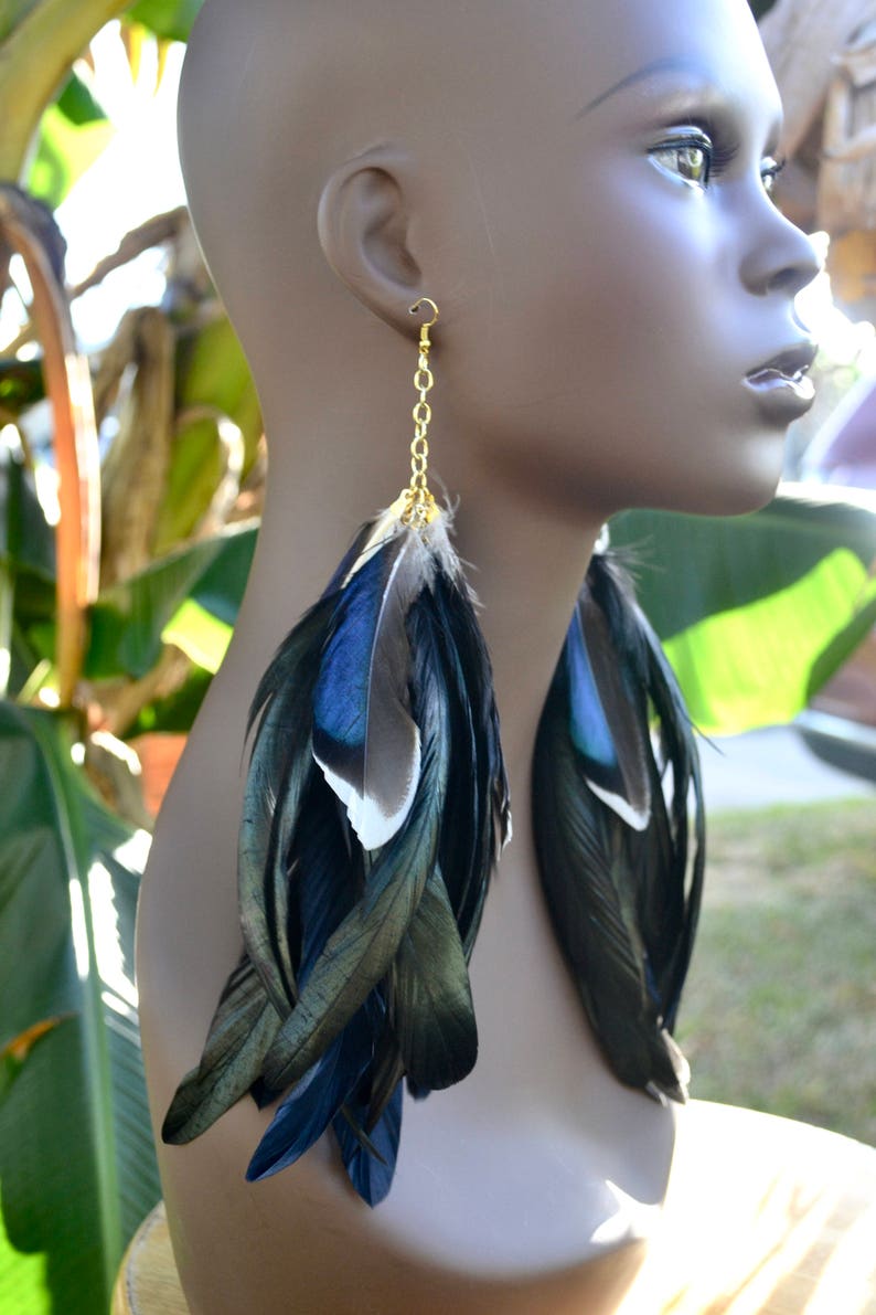 Mallard Duck Feather Earrings, Real Feather Earrings, Long Black Feather Earrings, Iridescent Feather Earrings, Blue and Black Feathers image 10