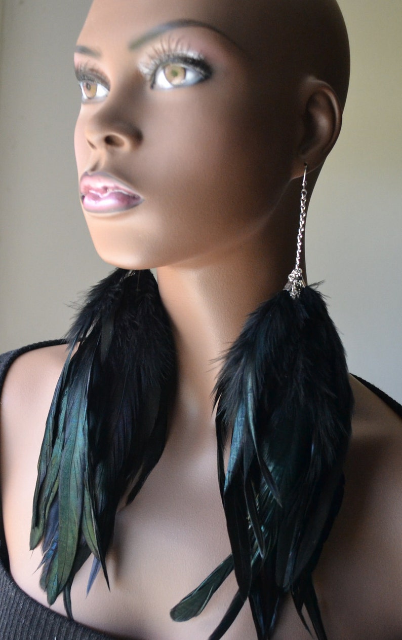 Long Black Feather Earrings Iridescent Etsy