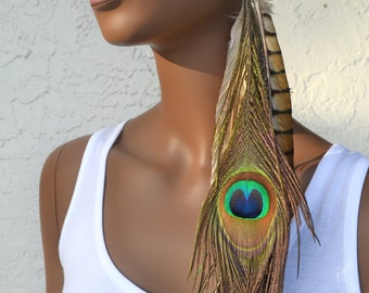 Bohemian Jewelry | Long Peacock Feather Earring | Pheasant and Peacock Single Feather Earring | Tan Feather Earring | Boho Jewelry | Natural