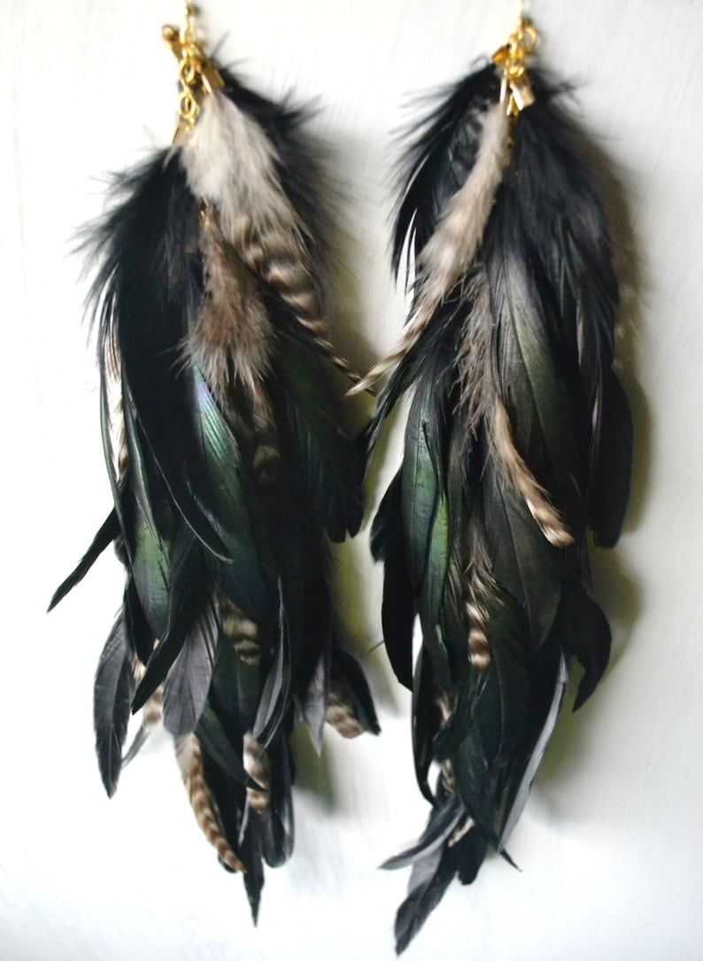 Very Long Grizzly and Black Feather Earrings image 2