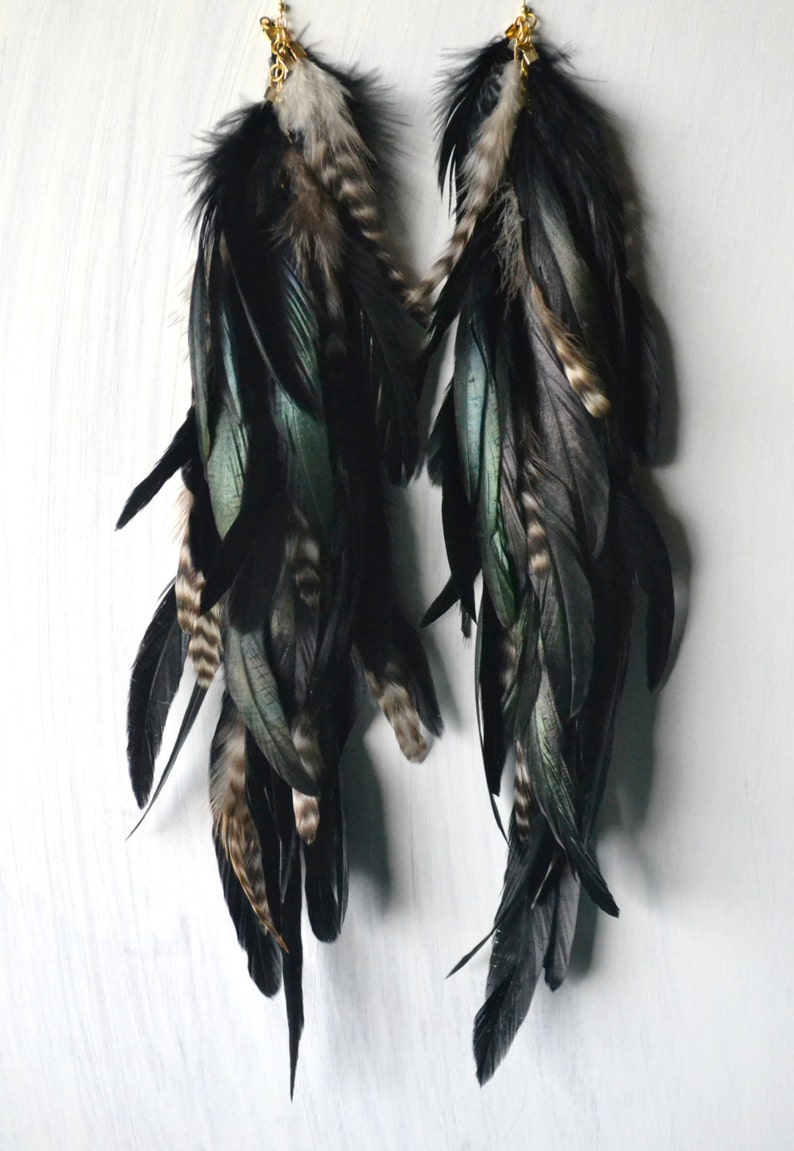 Very Long Grizzly and Black Feather Earrings image 3