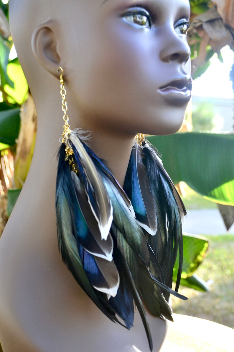 Mallard Duck Feather Earrings, Real Feather Earrings, Long Black Feather Earrings, Iridescent Feather Earrings, Blue and Black Feathers image 1