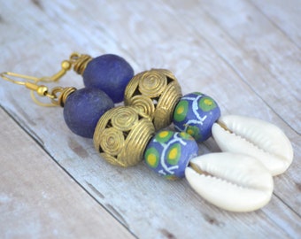 Blue Ghana Recycled Glass Bead Earrings, Hand painted Krobo Bead Earrings, Cowrie Shell Earrings, Brass Jewelry