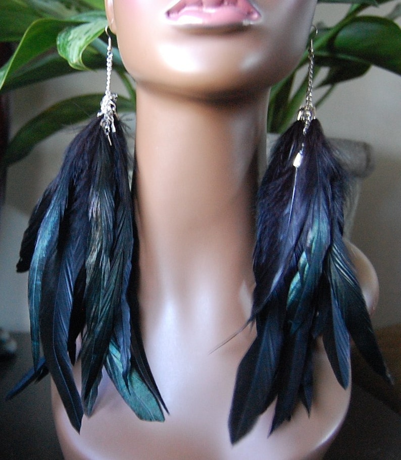 Long Black Feather Earrings Iridescent Etsy