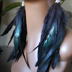 Long  Black Feather Earrings Iridescent