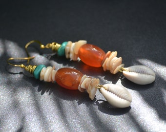 Brown Agate Cowrie Shell Earrings Mother-of-Pearl Jewelry