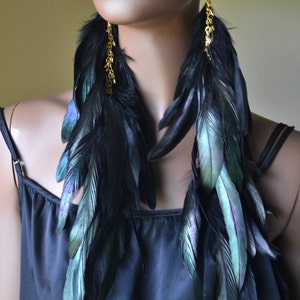 Extra Long Black Earrings Feather Jewelry Dangle Drop Iridescent Natural Real