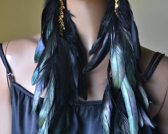 Extra Long Black Earrings Feather Jewelry Dangle Drop Iridescent Natural Real