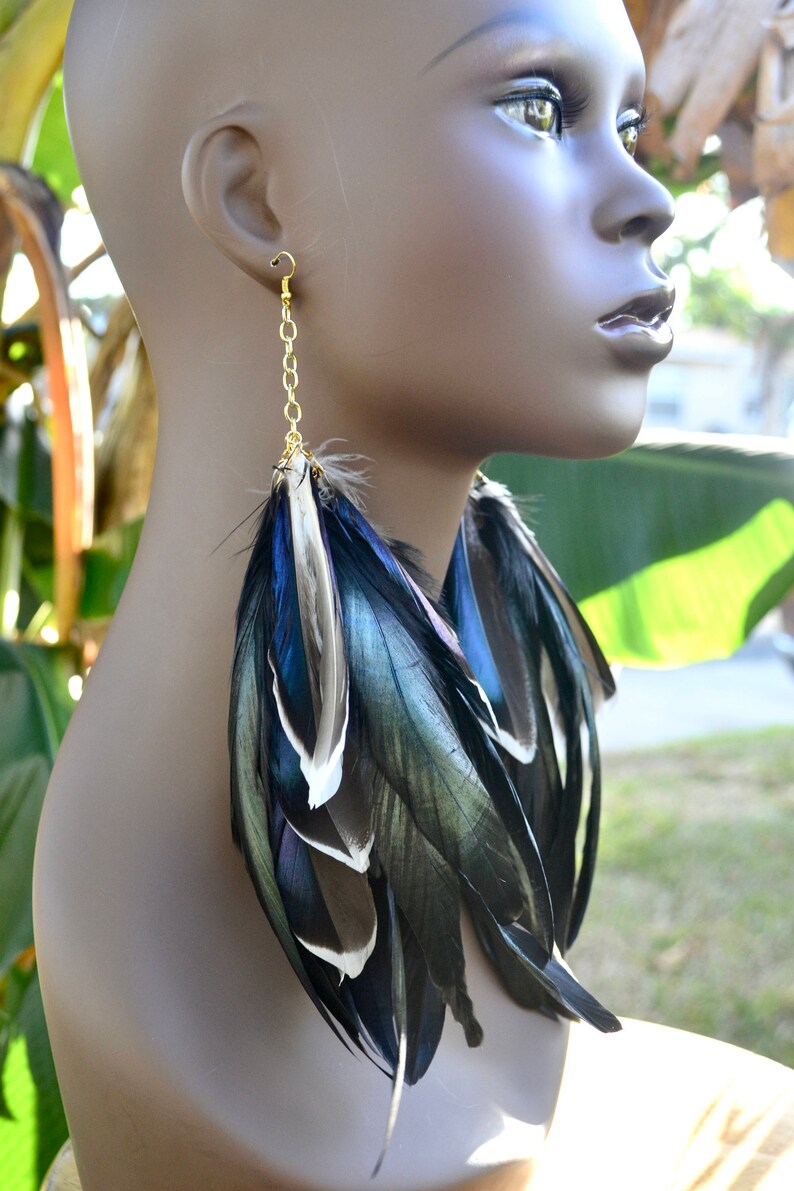 Mallard Duck Feather Earrings, Real Feather Earrings, Long Black Feather Earrings, Iridescent Feather Earrings, Blue and Black Feathers image 3