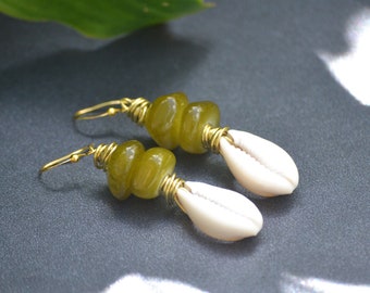 Cowrie Shell Earrings with Green Jade Stones