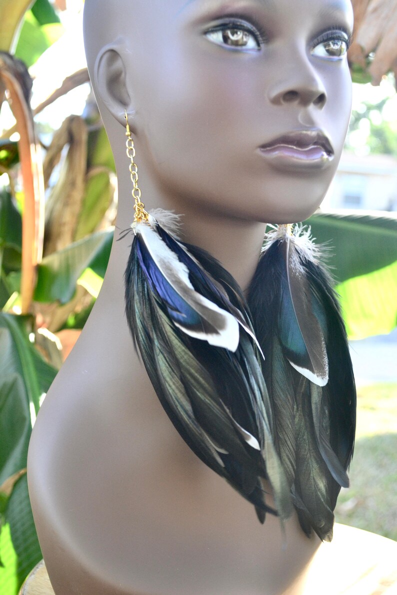 Mallard Duck Feather Earrings, Real Feather Earrings, Long Black Feather Earrings, Iridescent Feather Earrings, Blue and Black Feathers image 6