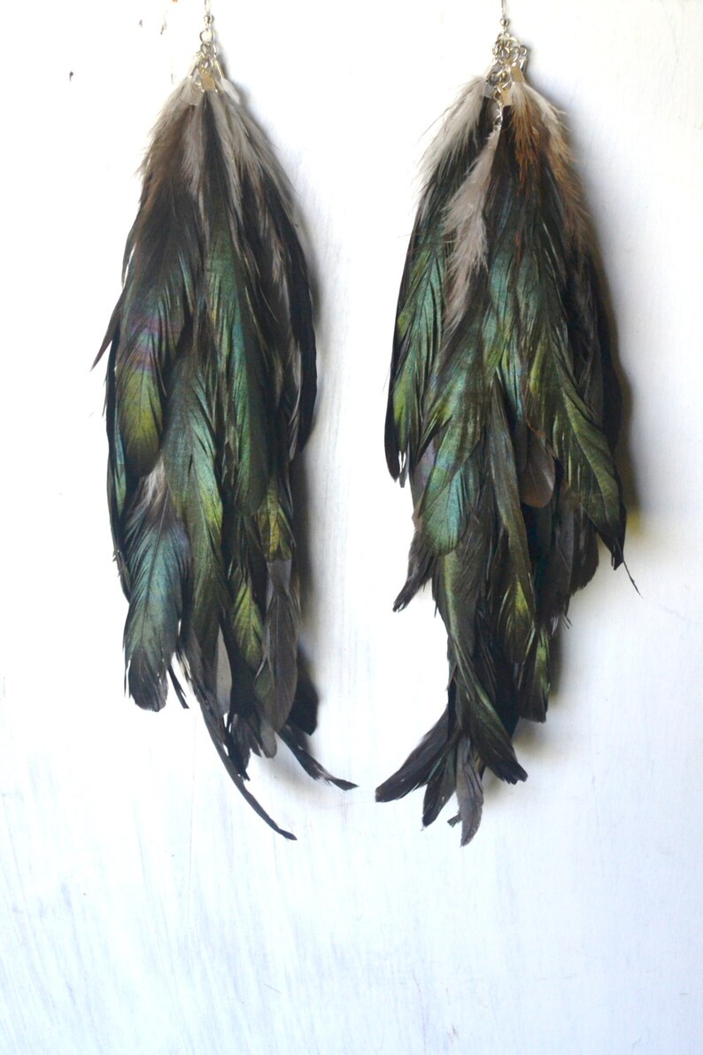 Iridescent Feather Earrings, Extra Long Feather Earrings, Bohemian Jewelry, Feather Jewelry image 2